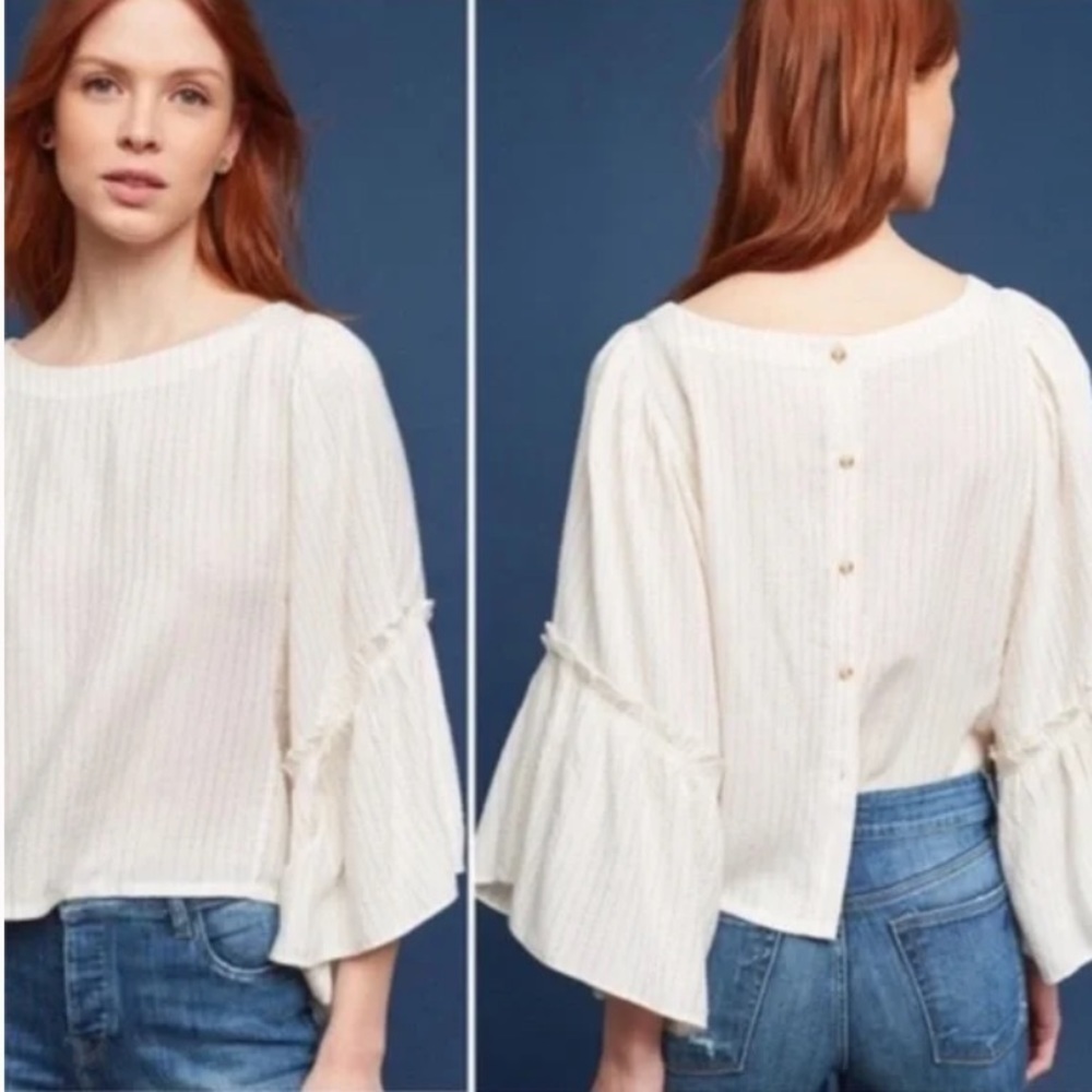 Anthropologie Floreat Emelyn Gold Stripe Bell Sleeve Top Button Back Blouse S